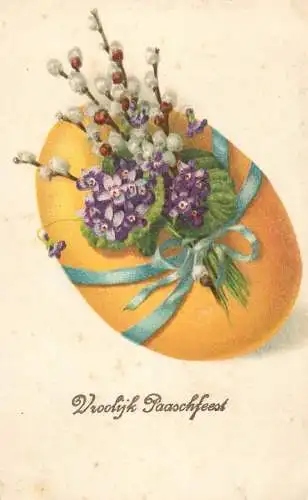 Easter greetings fantasy vintage postcard egg flowers lilac