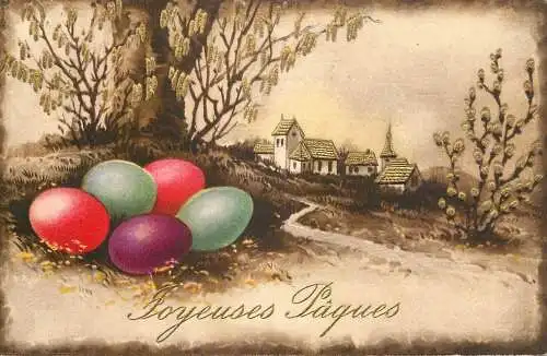 Easter greetings fantasy vintage postcard egg village landscape
