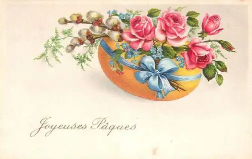 Easter greetings fantasy vintage postcard egg rose flower lily of the valley