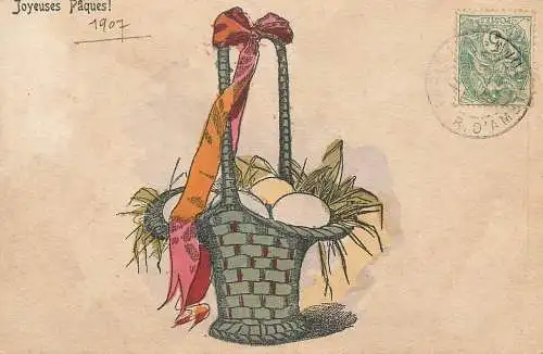 Easter greetings fantasy vintage postcard egg basket 1907