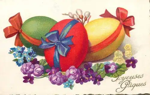 Easter greetings fantasy vintage postcard eggs lily of the valley