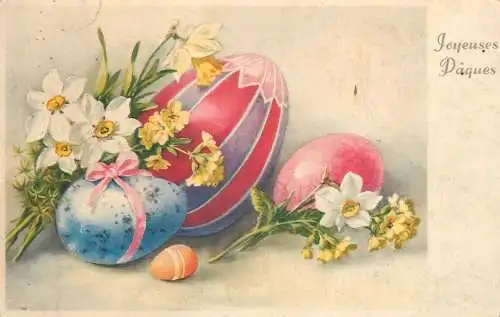 Easter greetings fantasy vintage postcard eggs daisy flowers
