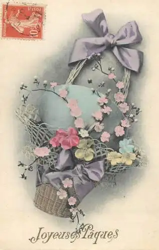 Easter greetings fantasy vintage postcard egg basket flower