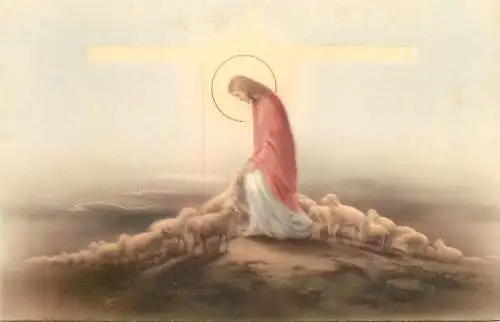 Postcard religious scene Jesus sheep flock