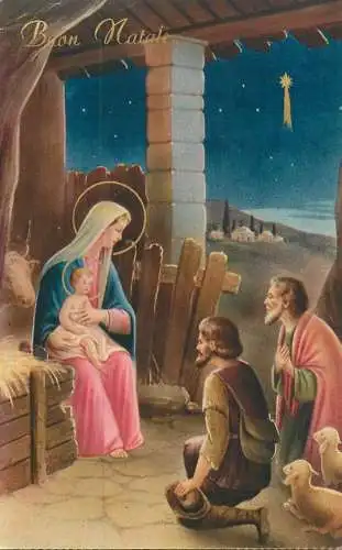 Postcard Christmas scene Mages and Virgin Mary