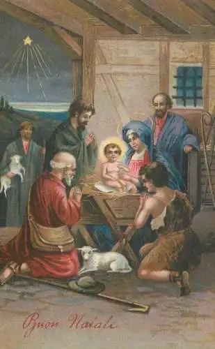 Postcard Christmas scene Mages and Virgin Mary