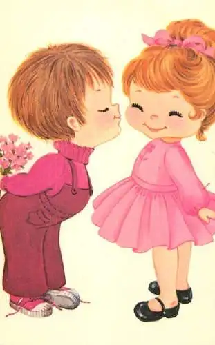 Postcard children young love flowers