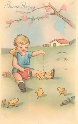 Postcard Easter scene child playing birds