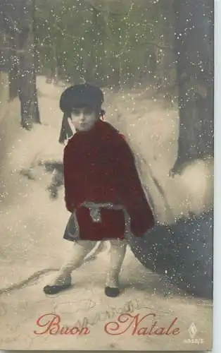 Postcard forest landscape in winter New Year girl