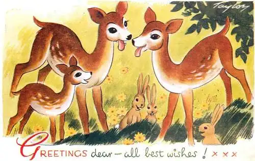 Postcard forest landscape deer rabbit cartoons