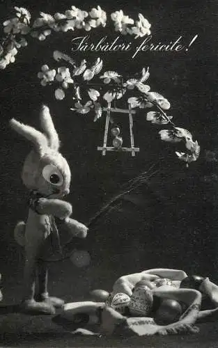 Postcard Easter scene Romania rabbit