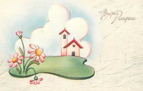 Postcard Easter scene drawing house flowers