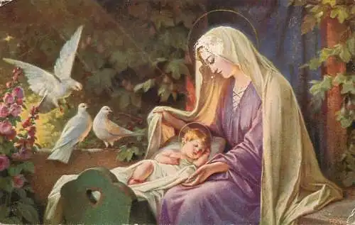 Postcard fine arts painting reigion Mother Mary and Jesus