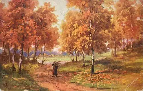 Postcard fine arts painting autumn landscape wood carrier