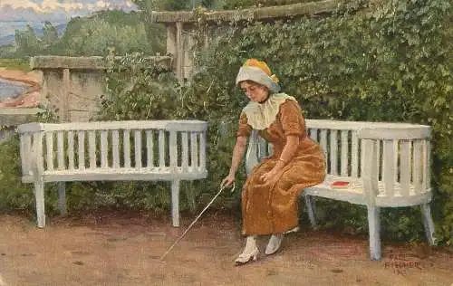Postcard fine arts painting Paul Fischer thinking of him