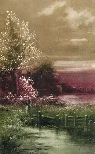 Postcard fine arts painting lake landscape forest