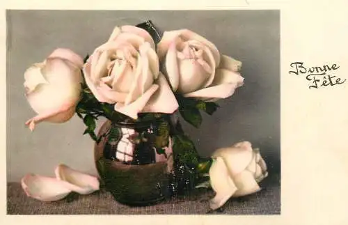 Postcard flower vase rose bonne fete
