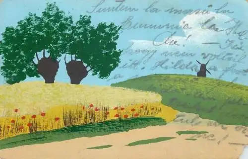 Postcard painting windmill fields and tree