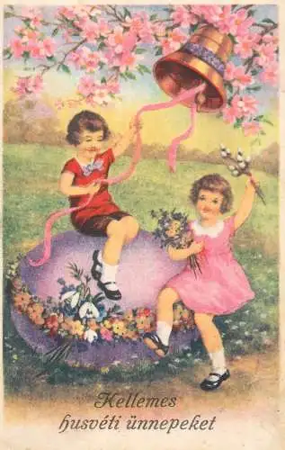 Postcard children play flower bell Hungary