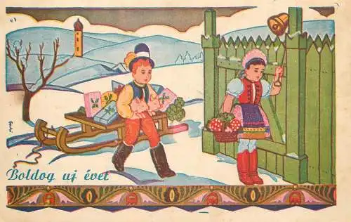 Postcard drawing traditional costumes sled gifts