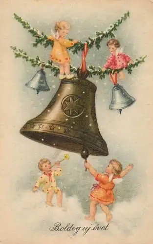 Postcard Christmas scene bell angel Hungary