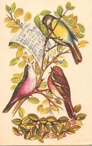 Postcard humanized birds singing musical notes