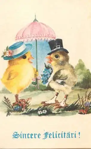 Postcard humanized animals chickens and umbrella