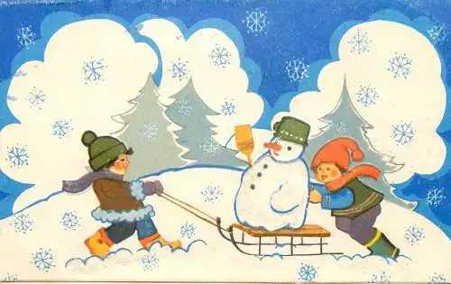 Postcard children card winter sled snowman
