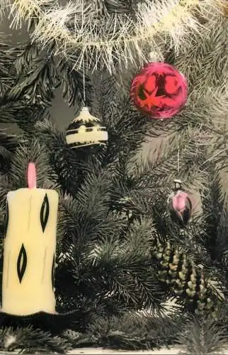 Postcard Christmas tree candle globe