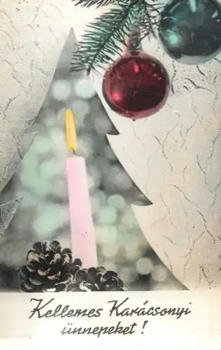 Postcard Christmas tree globe candle