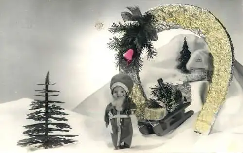Postcard Christmas horseshoe children