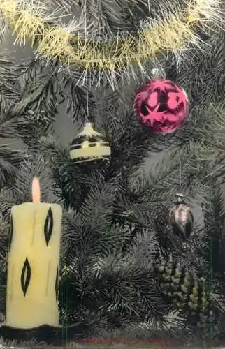 Postcard holiday Christmas tree and candle globe
