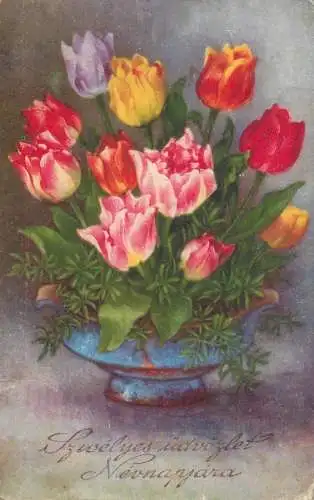 POstcard flower base tulips 1947 Hungary