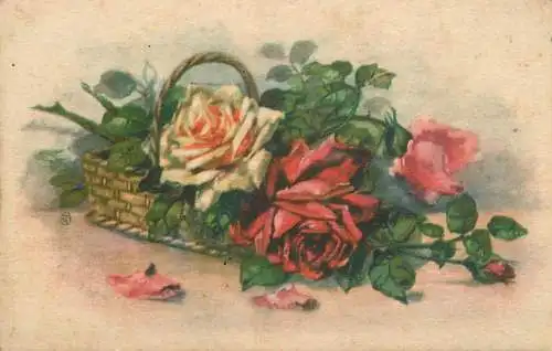 POstcard flower basket bouquet rose France