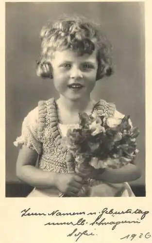 Children postcard elegant girl curly hair flowers