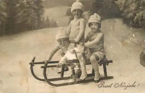 Children postcard elegant girl with sled and gifts