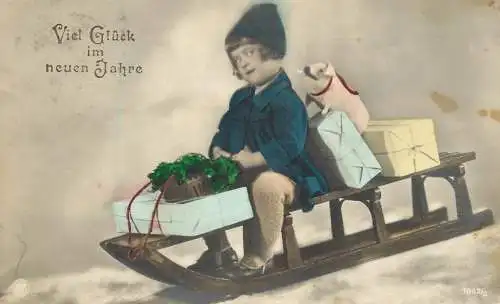 Children postcard elegant girl with sled and gifts