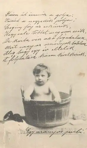 Children postcard boy bathing in a barrel