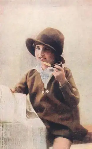 Children postcard elegant girl pipe newspaper Chocolat Martougin