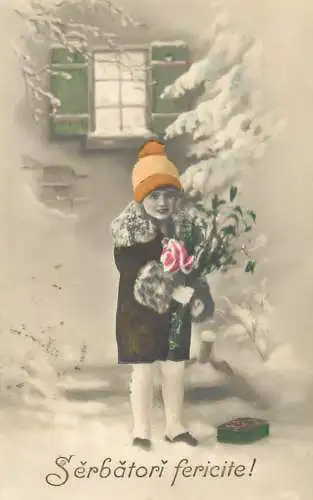 Children postcard elegant child winter landscape flower