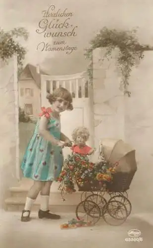 Children postcard elegant girl  and doll stroller