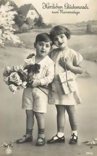 Children postcard elegant children gift flowers