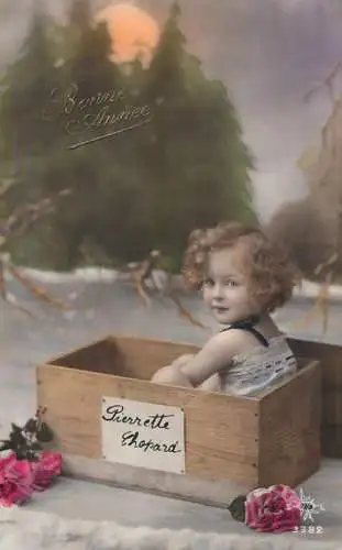 Children postcard elegant girl coiffure flowers winter Pierrette Chopard