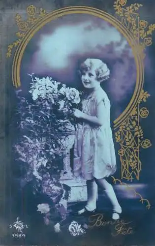 Children postcard elegant girl coiffure flowers