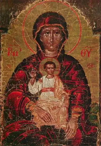 Holy family greetings postcard religious icon Thronende Muttergottes