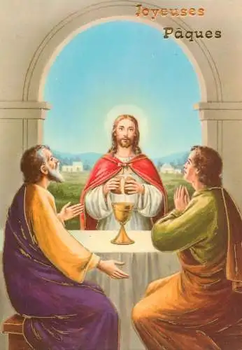 Holy family greetings postcard Easter scene Jesus and discipols bread wine