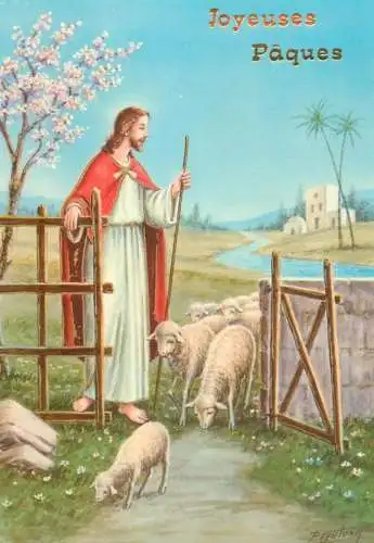 Holy family greetings postcard Easter scene Jesus and lambs