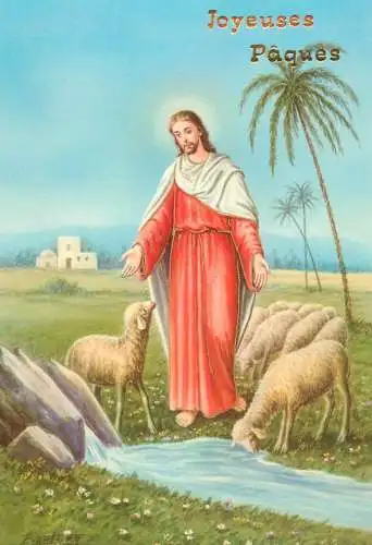 Holy family greetings postcard Easter scene Jesus and lambs