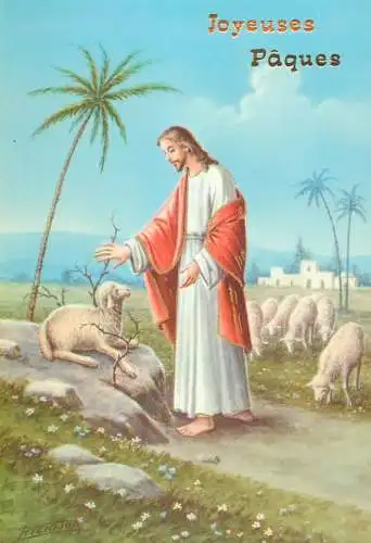 Holy family greetings postcard Easter scene Jesus and lambs