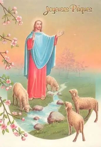 Holy family greetings postcard Easter scene Jesus and lambs